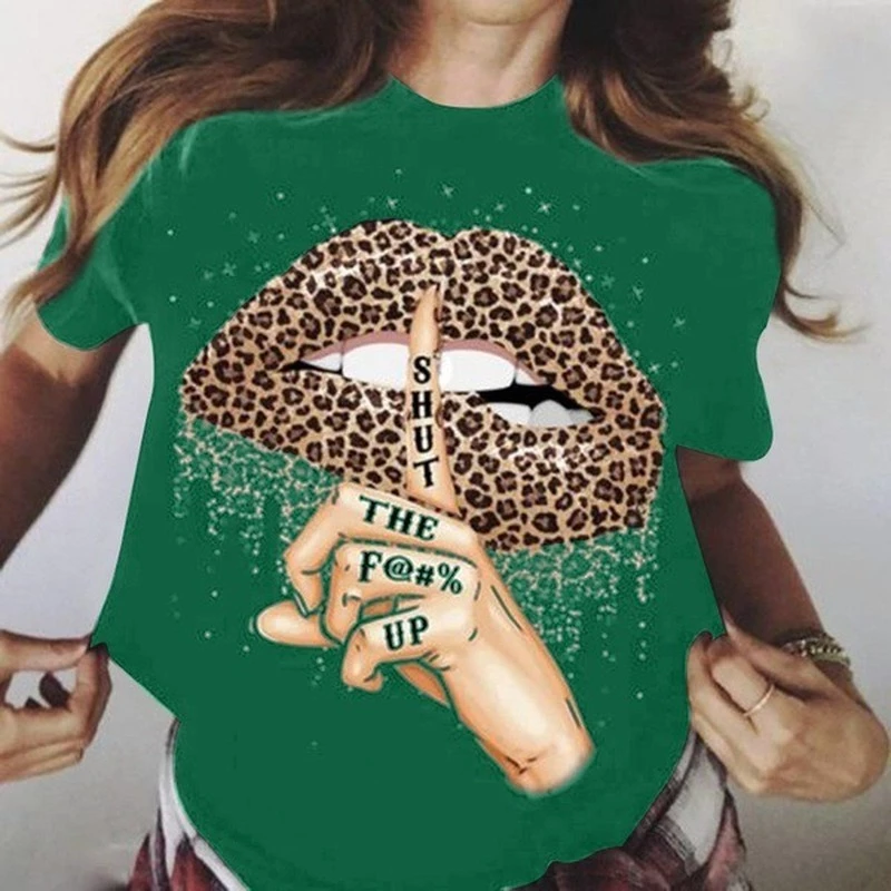 Leopard Lip Shut Up Print T Shirt Women Short Sleeve O Neck Loose Tshirt Summer Women Tee Shirt Tops Camisetas Mujer
